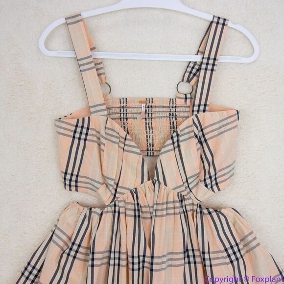 NEW Free People Bridget Mini Dress plaid, smocked split open back, S - Picture 3 of 16